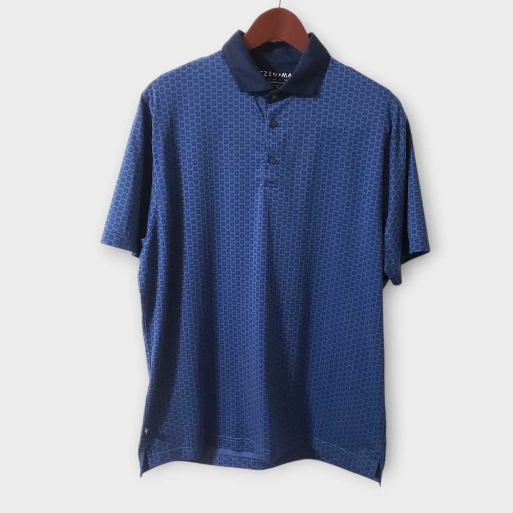 Mizzen+Main Mens Contrast Collar Polo Classic Blue Geometric Print Shirt Medium